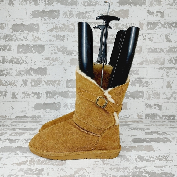 BearPaw Shoes - Bearpaw Tatum Brown Tan Suede Logo Buckle Round Toe Mid-Calf Winter Boots T697